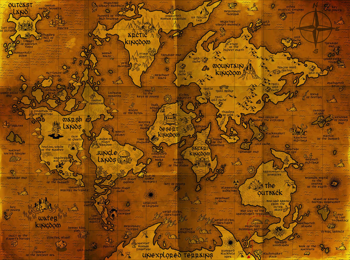 Map of the Beast Clans world — Arctic, Desert, Jungle, Marsh, Mountain, Ocean, Outback kingdoms